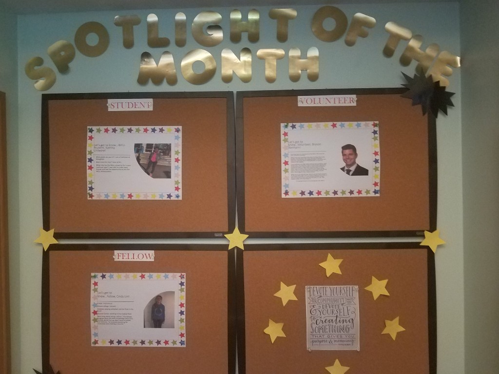 WELL Spotlight of the Month board featuring Bryson Bonham as volunteer tutor